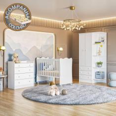 Quarto de Bebê Doce Sonho Completo c/ Rodízios Qmovi Branco + Colchão Gazin