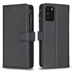 Capa com alça de pulso Xiaomi Poco M3, 9 compartimentos para cartão, 1 carteira de couro com zíper, função de suporte, fecho magnético, capa para celular compatível com Xiaomi Poco M3 4G 6,5 polegadas