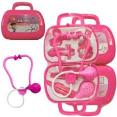 KIT MEDICO NA MALETINHA COM ACESSÓRIOS 8 PÇS MALETA MINI BRINQUEDO EDUCATIVO ESTIMULA IMAGINAÇÃO APRENDIZADO DIDATICO SAÚDE MEDICINA DR 19/17CM (ROSA)