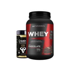 Whey protein chocolate 900g + creatina 3g 120caps pura - HF SUPLEMENTS