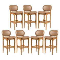 Kit 7 Banquetas Alta Estofada Rafine Madeira Castanho Tecido Impermeáv