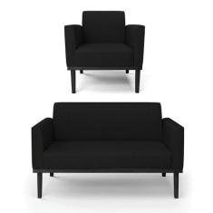 Sofá Namoradeira Com Poltrona Base De Madeira Fixa Preto Marisa Linho 