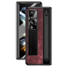 Suporte de couro para caneta com capa Stylus para Samsung Galaxy Z Fold 5 4 Capa de proteção de dobradiça de tela de vidro para Z Fold5 Fold4, vinho tinto, para Galaxy Z Fold 5