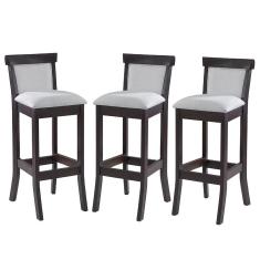 Kit 3 Banquetas Alta Estofada Encosto Mônaco 36x100Cm Madeira Maciça Linho Bege Cru L71 - RMI