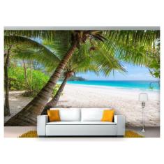 Papel De Parede Praia Mar Coqueiros Céu 3D Npr247 - Você Decora
