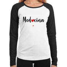 Baby Look Raglan Medicina por amor Manga Longa - Foca na Moda, Branco,