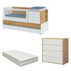 Berço Multifuncional com Cama Auxiliar Sol e Mar com Colchão e Comoda Branco/Carvalho Treviso