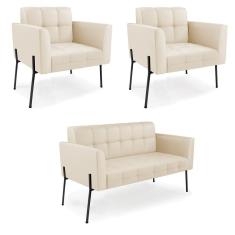 Sofá Namoradeira E 2 Poltronas Pé De Ferro Preto Elisa Corino Bege D03 - D'rossi