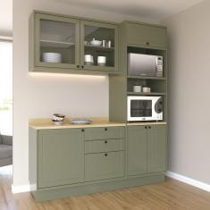 Cozinha Compacta Com Vidro 3 Peças 6 Portas 3 Gavetas Sevilha Verde Hill / Carvalho Marrom