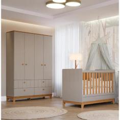 Berço e Guarda Roupas Infantil Permobili Biscoito Retro MDF, Fendi Nat