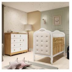 Quarto de Bebê com Cômoda 1 Porta 4 Gavetas e Berço Capitonê 100% Mdf Maya Clássico Espresso Móveis Branco Brilho/Amêndoa/Branco
