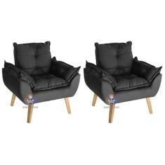 Kit 02 Poltrona/Cadeira Decorativa Glamour Preto Com Pés Quadrado - Pr