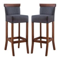Kit 2 Banquetas Alta com Encosto Estofado Diamantina em Madeira Maciça Imbuia Linho Cinza L67 RMI