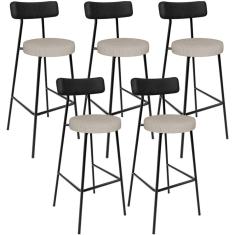 Kit 05 Banquetas Alta Bar Cozinha Sala De Jantar Milão L02 Couríssimo Preto Linho Bege - Lyam Decor
