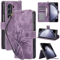 Capa carteira para Samsung Galaxy Z Fold 6, capa de telefone de couro com padrão de borboleta orquídea com 3 compartimentos para cartão e 1 compartimento para dinheiro, fivela magnética à prova de