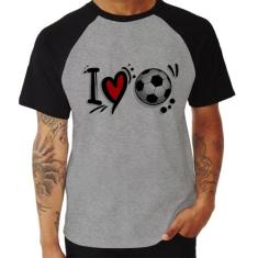 Camiseta Raglan I Love Futebol - Foca na Moda, Cinza, Preto, GGG