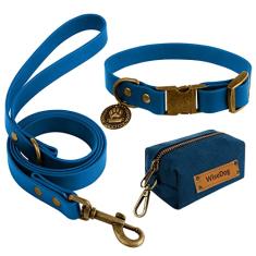 Wisedog Conjunto de coleira e trela para cães, coleiras ajustáveis à prova d'água com etiqueta fofa, coleira para cachorro de 1,8 m com bolsa para cocô para cães pequenos, médios e grandes (P, azul)