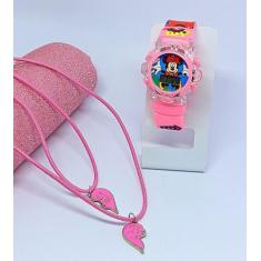 Kit Relógio Infantil Digital Pisca Luz Toca Musica + Colar Duplo Amiza