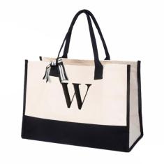 Salt Earth Bolsa feminina 100% algodão personalizada para uso diário, bolsa utilitária grande com monograma para praia, W, Monogrammed Tote, W