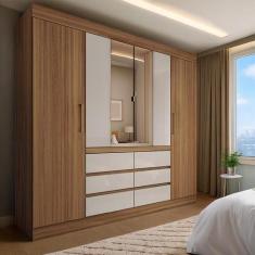 Guarda-Roupa Casal com Espelho Trevi 4 Portas 6 Gavetas Off White e Am