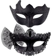 SIQUK Conjunto de máscaras para casais, máscaras venezianas de plástico, fantasia de Halloween, máscara de carnaval para mulheres e homens, Laço preto, tamanho �nico