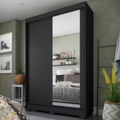 Guarda Roupas Solteiro Com Espelho 2 Portas de Correr 2 Gavetas Leblon Preto
