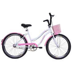 Bicicleta Retrô Vintage Aro 26 Feminina Beach Rosa com Branco