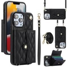 Capa carteira para iPhone 13 Pro Max com 4 pontos de cartão, capa de couro transversal com bloqueio de RFID, capa de telefone com suporte de fivela magnética, alça de pulso à prova de choque para