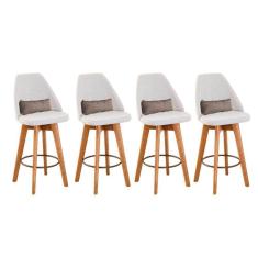 Kit 04 Banquetas Alta Maya Giratória Com Encosto Gourmet Linho Bege e Almofada Suede Bege - Aurora Line