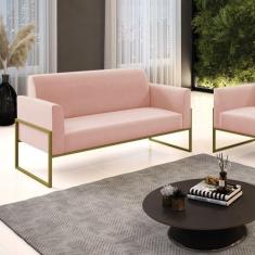 Sofá Namoradeira Base Industrial Alta Dourado Marisa Veludo Rosê - D'R