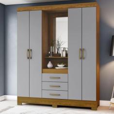 Guarda Roupa 4 Portas 3 Gavetas Nápole Briz, Nature com Cinza