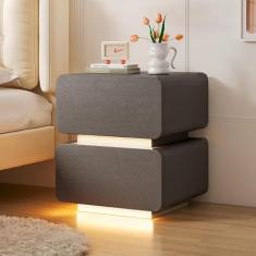 Mesa de cabeceira moderna com luz LED pequena mesa lateral mesa lateral com 2 gavetas, mesa lateral para quarto, escritório, dormitório, mesa de canto rústica fácil de montar, sólida e estável, cinza