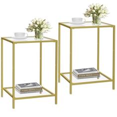 HOMSHO Conjunto de 2 mesas laterais, mesa de canto com vidro temperado, mesas de cabeceira de 2 camadas com prateleiras de armazenamento, mesa de centro com estilo moderno, mesa de sofá quadrada para