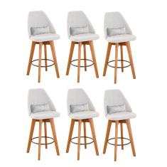 Kit 06 Banquetas Alta Maya Giratória Com Encosto Linho Bege Claro e Almofada Corino Branco - Aurora Line