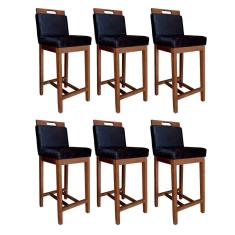 Kit 6 Banquetas Média com Encosto Estofado Veneza 94 Cm Madeira Maciça Suede Preto CCS