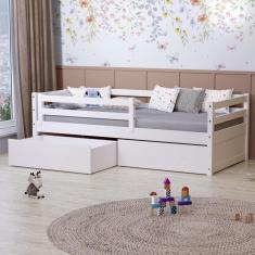 Cama Solteiro Dreams Com 02 Gavetas E Grade De Proteção Madeira Maciça Branco Megamobilia