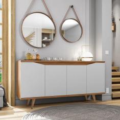 Buffet 160cm 4 Portas Pés em Madeira Maciça Grace Versátile Cedro/Branco