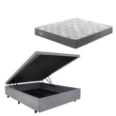 Conjunto Cama Box Baú Casal 138x188 Em Courino Com Colchão Adapto Molas Ensacadas Cinza