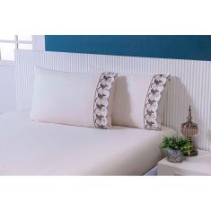 Jogo Lençol Casal Padrão (1,88mx1,38mx30cm) 3 Peças 200 Fios 100% Algodão Barrado Bordado Tulipa Cáqui