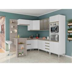 Armário De Cozinha Completa 10 Pçs Com Vidro Tampo Bancada Pérola Móveis Com Branco Polar E Connect