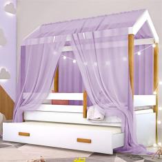 Cama Montessori Com Auxiliar Cordão Led E Dossel Lilás