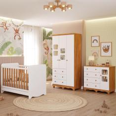 Quarto de Bebê Completo com Berço Americano Ben 3 Em 1 Guarda Roupa 3 Portas e Cômoda Uli 4 Gavetas 100%MDF Móveis Peroba