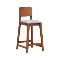 Banqueta Lyon Madeira Maciça com 68cm Altura Encosto Anatômico Assento Estofado Linho Amêndoa/Bege