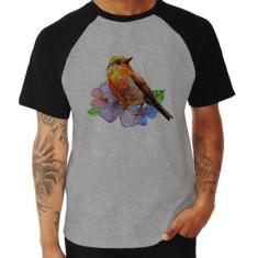 Camiseta Raglan Pássaro e Flores - Foca na Moda, Cinza, Preto, P
