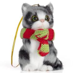 Enfeite de Natal Ornativity - Mini Gato Peludo Preto com Cachecol