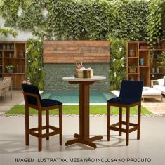 Kit 2 Banquetas Alta Luxo Pérola com Encosto Estofada em Veludo Azul Petróleo Madeira Maciça Imbuia