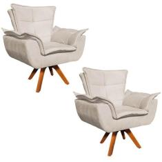 Kit 2 Poltronas Decorativas Sala de Estar Base Giratória Madeira Opla 