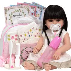 Boneca Reborn Grande Cabelo Longo Morena Fofa Bolsa Itens - Cegonha Re