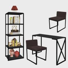 Kit Escritório Bex 2 Cadeiras Suede Marrom com 1 Mesa e 1 Livreiro Ferro Preto mdf Preto - Ahazzo Móveis