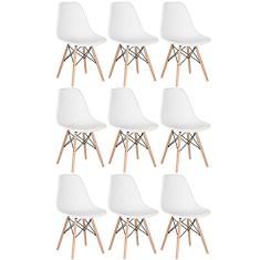 Loft7, Kit 9x Cadeiras Charles Eames Eiffel DSW com Base de Madeira Clara, Polipropileno e Aço, Escritório, Sala de Estar e Sala de Jantar - Branco